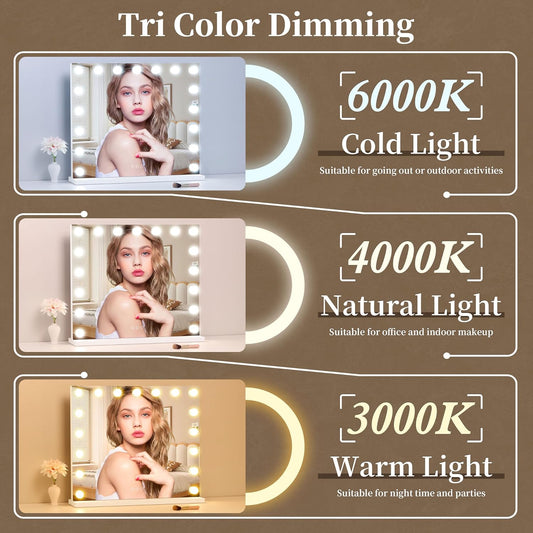 Vanity Mirror with Lights,Makeup Mirror with Lights with 17 Dimmable LED Bulbs, 3 Color Lighting Modes Detachable 10X Magnification Mirror Touch Control, 23.6X19,7 Inch, White