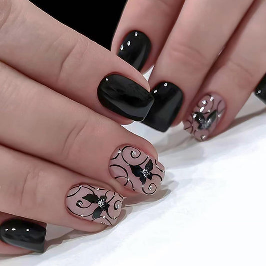 24Pcs Square Press on Nails Short Fake Nails Summer Stick on Nails Black False Nails with Butterfly and Gem Designs Acrylic Nails Glue on Nails for Women