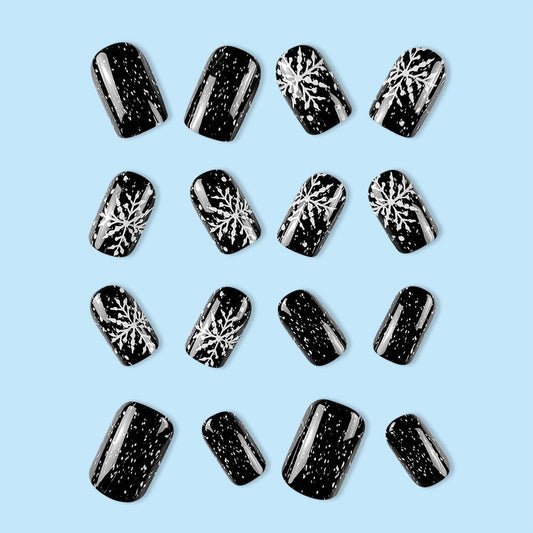Christmas Press on Nails Medium Fake Nails Black False Nails with White Snowflakes Designs Square Glue on Nails Glitter Stick on Nails Full Cover Acrylic Nails Glossy Artificial Nails for Nail DIY