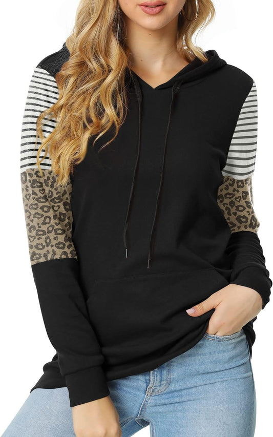 Women'S Casual Drawstring Pullover Tunic Top Long Sleeve Color Block Hoodie Sweatshirts with Pocket, M, Leopard Sleeve - Black