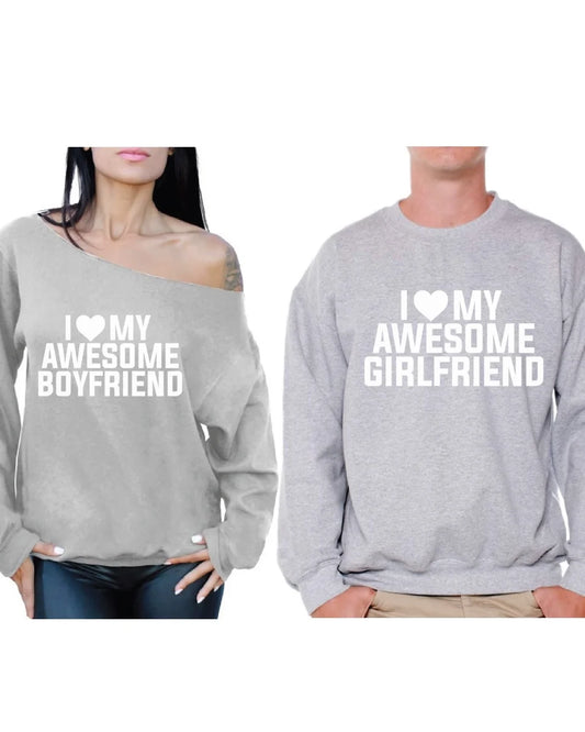 Couple Sweatshirts Girlfriend & Boyfriend Matching Couple Sweaters for Valentines Day I Love My Awesome Boyfriend off Shoulder Sweatshirt I Love My Awesome Girlfriend Sweater for Couple