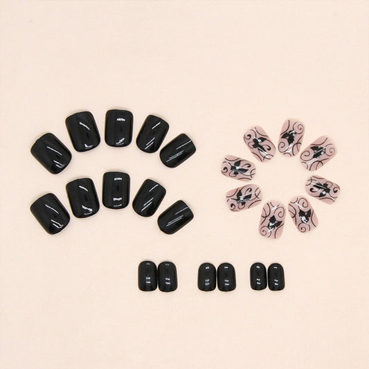24Pcs Square Press on Nails Short Fake Nails Summer Stick on Nails Black False Nails with Butterfly and Gem Designs Acrylic Nails Glue on Nails for Women