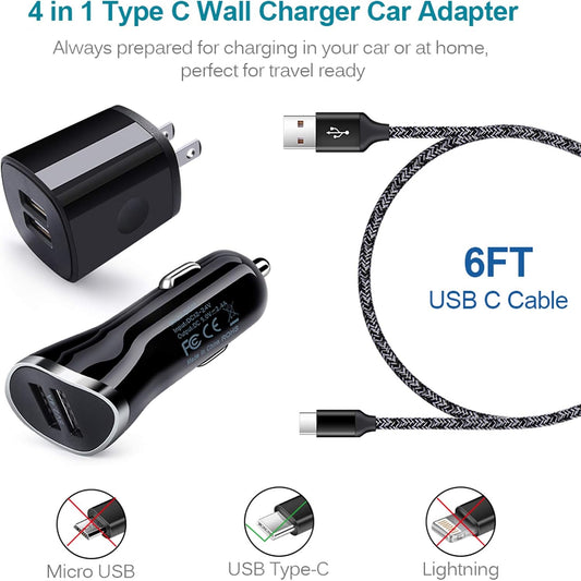 USB Type C Charger Cable for Samsung Galaxy A16 A35 A26 A36 A56 A15 A25 A55 S25 Ultra A14 A54 A13 A23 A53 A32 S23 S22 S21 S20 S10E S10 S9,Android Phone Car Charger Wall Adapter+Fast Charging Cord 6FT